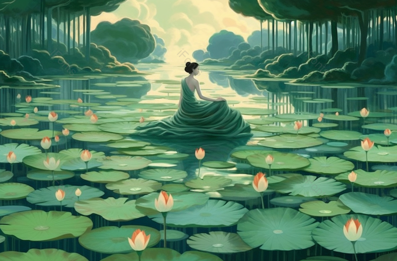 美丽女人水中沉思荷花绽放盛开荷叶植物户外唯美插画,插画/手绘图,插画/手绘图库,插画/手绘图下载,插画/手绘